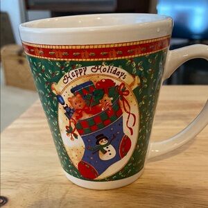 Happy Holidays Stocking full of presents Mug. Holds 8 oz